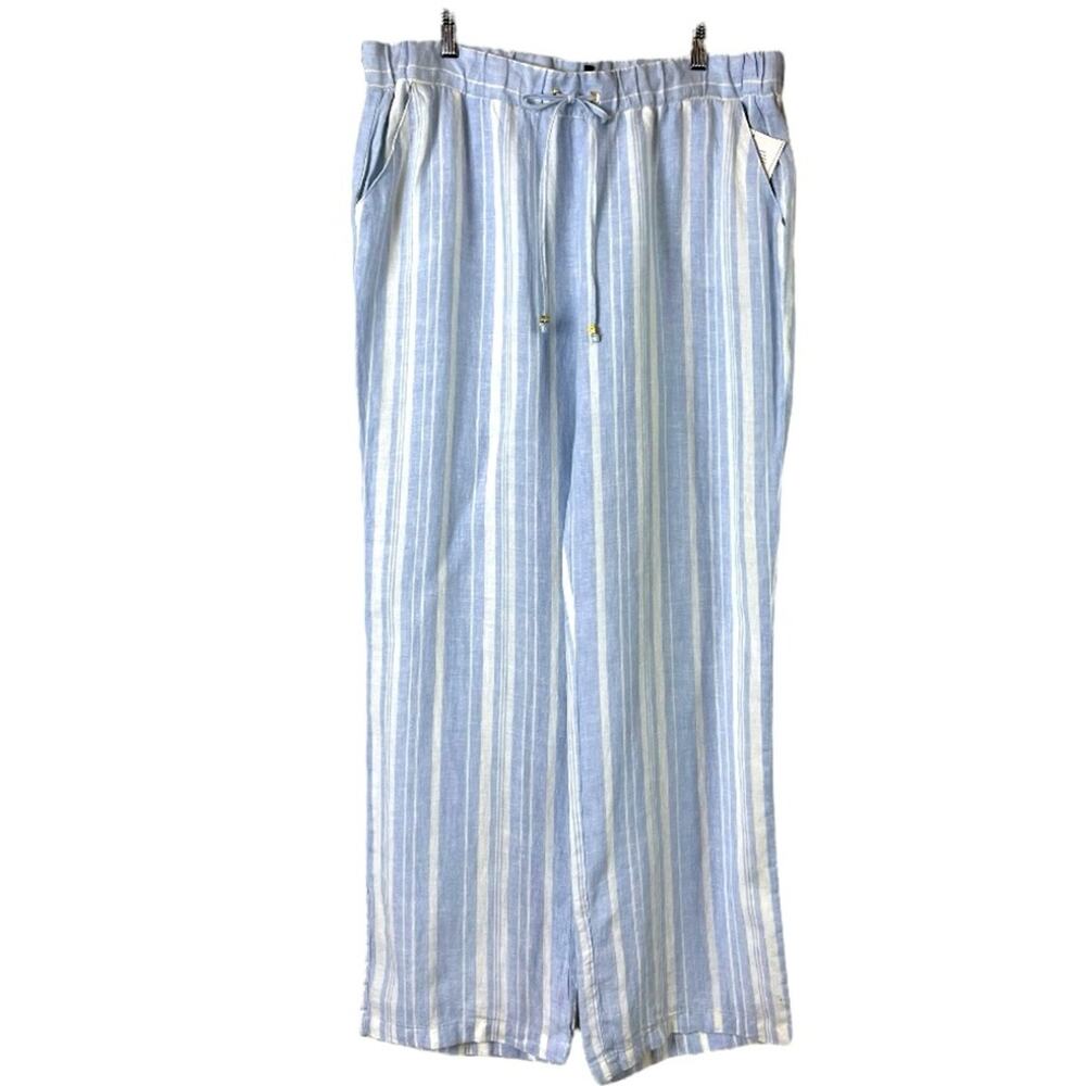 Ellen Tracy New Wide Leg Pant Linen Mid Rise Blue White Stripe Women Size Large